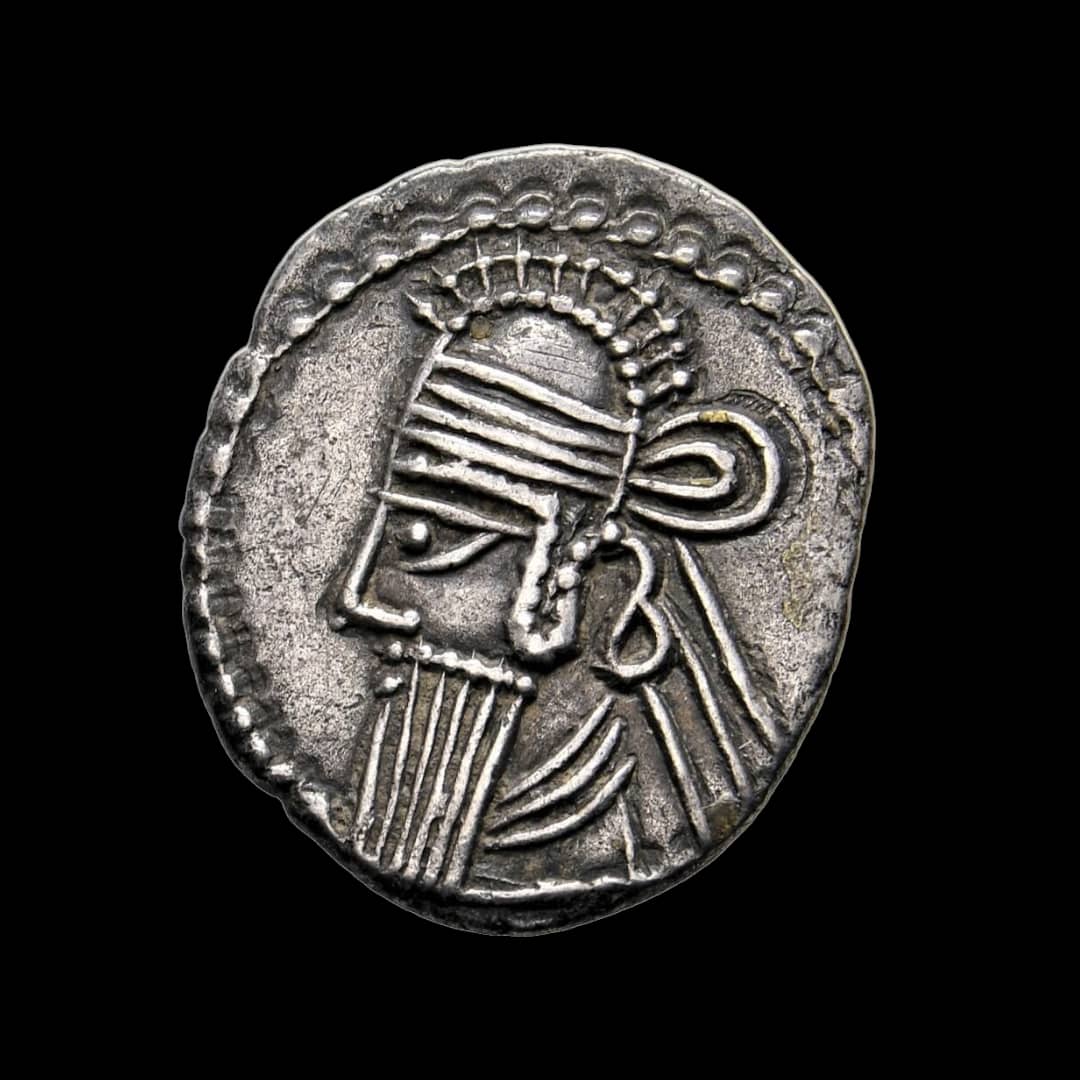 Silver drachm obverse showing crowned bust of Vologases IV wearing tiara